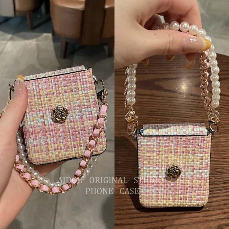 

Длинный ремешок через плечо с жемчугом, браслет на руку, цепочка с камелией и петлей, тканый кожаный чехол для Samsung Galaxy Z Flip 7 FE 6 5 4 3 5G