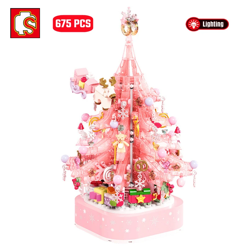 SEMBO New Pink Crystal Christmas Tree Building Blocks DIY Light Music Box Assembly Bricks Toys For Girls Friends Christmas Gifts