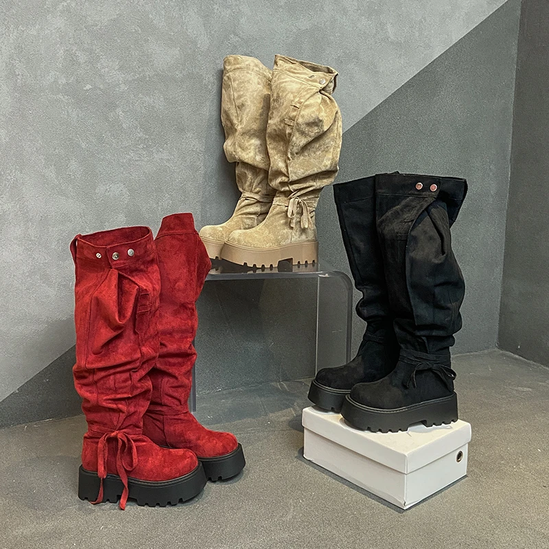 

Женские сапоги до колена на платформе без колена, новинка 2025 года, эластичные высокие сапоги на блочном каблуке