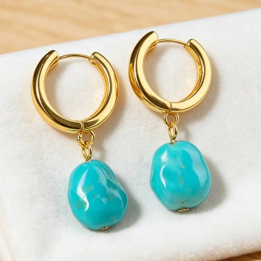 Women Gold Huggie Hoop Earrings Irregular Turquoise Drop Dangle Earrings Vintage Boho Natural Stone Daily Wear Jewelry Gift
