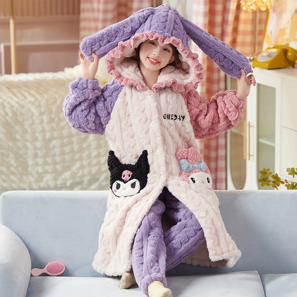 Anime Sanrios Kuromi Autumn Winter Children's Plush Pajamas Robe Cinnamoroll Melody Y2K Kawaii Girl Cute Hooded Thicken Homewear