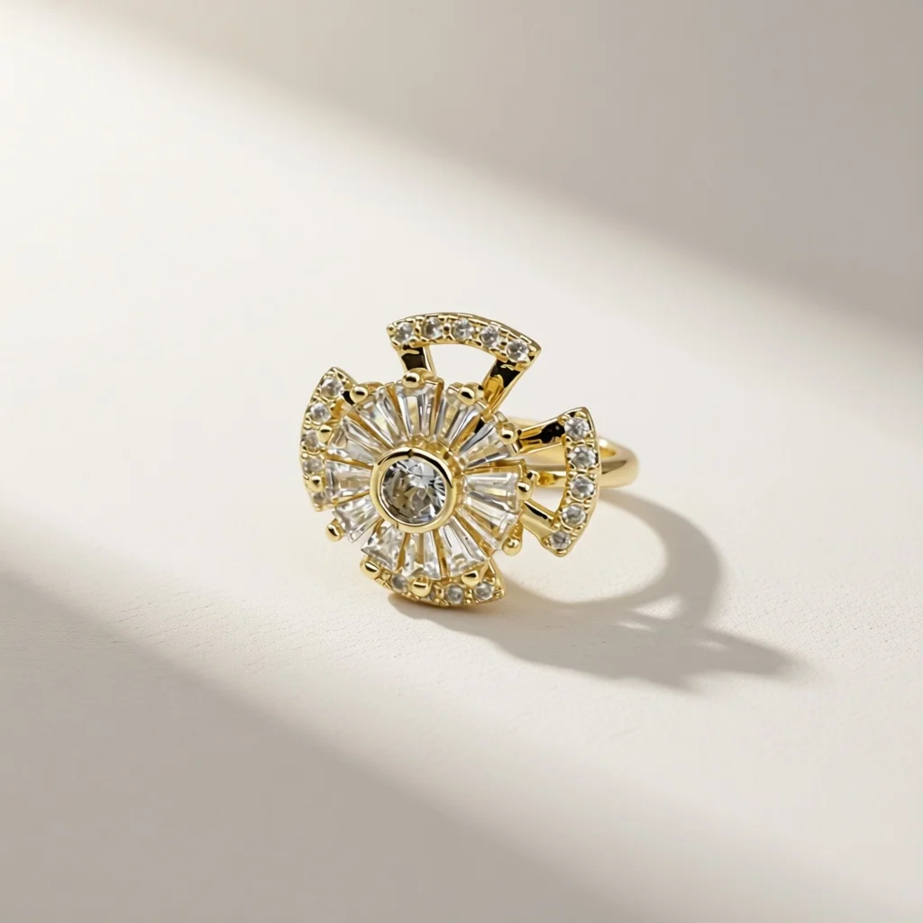 Staircase crystal cross shaped women's rotating open ring, pressure reducing rotating ring, atmosphere, wedding fashion jewelry