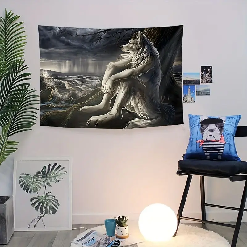VIKAMA Dark Wind and Rain Mountain and Sea Wolf Illustration Tapestry Wall Hanging Home Decor for Bedroom Living Room Esports