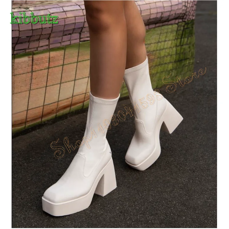 Thick Sole Flat Toe High Heel Boots,White Thick Heel Mid Calf Boots Zipper Women\'s Boots Plus Size 2024 New Zapatos Para Mujere