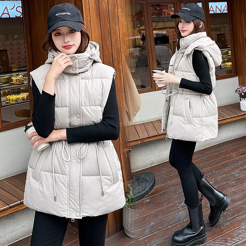 PinkyIsBlack 2025 New Autumn Hooded Drawstring Mid-length Winter Vest Women's Cotton Padded Jacket Coat Solid Casual Outwear