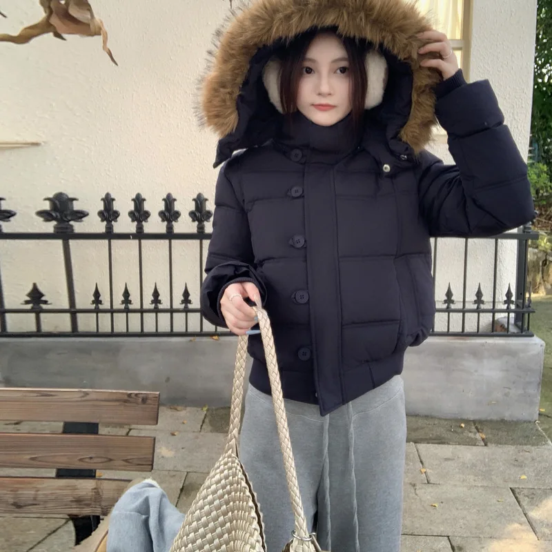 Grande gola de pele com capuz curto roupas de algodão cor sólida manga comprida zíper acolchoado casaco chique engrossado quente amassado jaqueta