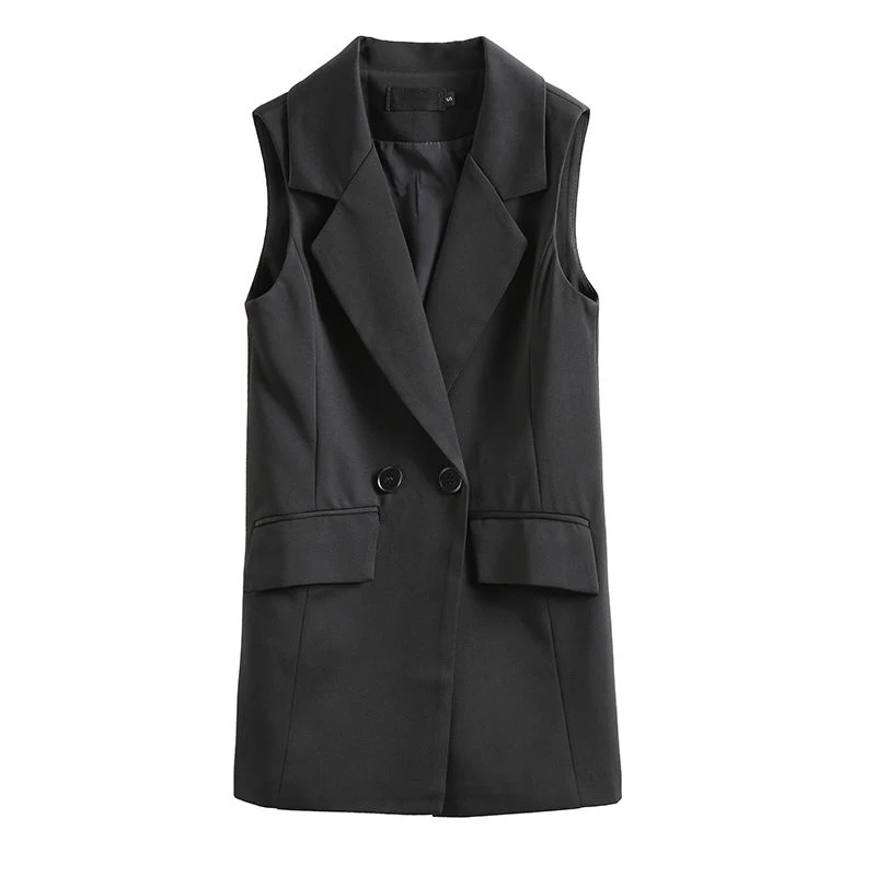 Office Lady Long Casual Vest Women Classic Loose Black Pocket Waistcoat Woman Elegant Slim Sleeveless Outerwear Chic