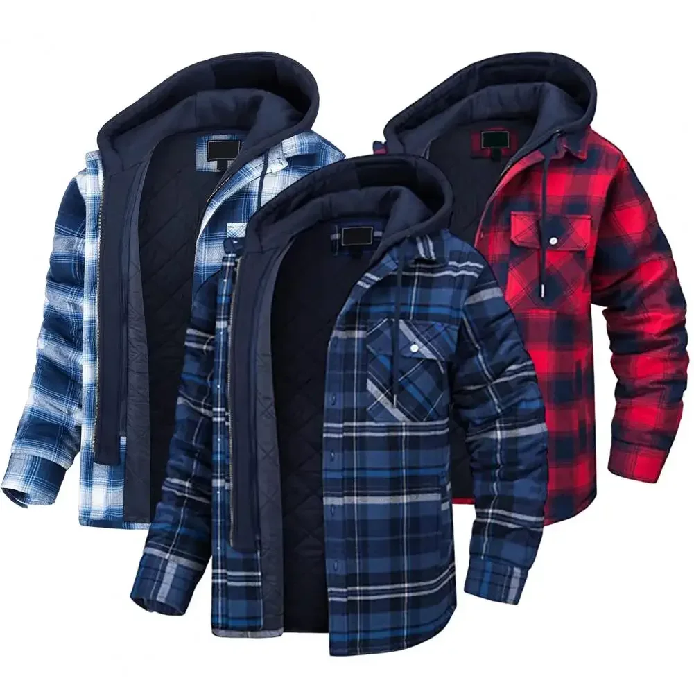 

Winter Men's Hooded Jacket Drawcord Fashion Men's Thickened Hooded Cotton Windproof Parkas Plaid Shirt Casual Jackets for Men