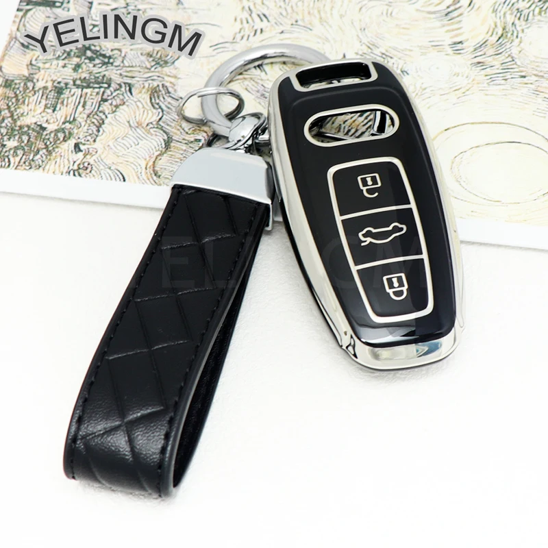 TPU Fashion Car Remote Key Case Cover Shell For Audi A6 A7 A8 E-tron Q5 Q8 C8 D5 Gold Edge Design Protector Fob Car Accessories