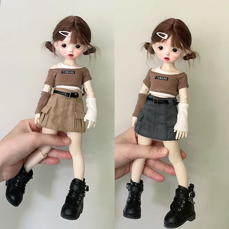 New Arrival (1/6 bjd Doll Clothes) Fashion Printed Off Shoulder Tops T-shirt and Denim Skirt with Belt for 30cm Dolls Clothing