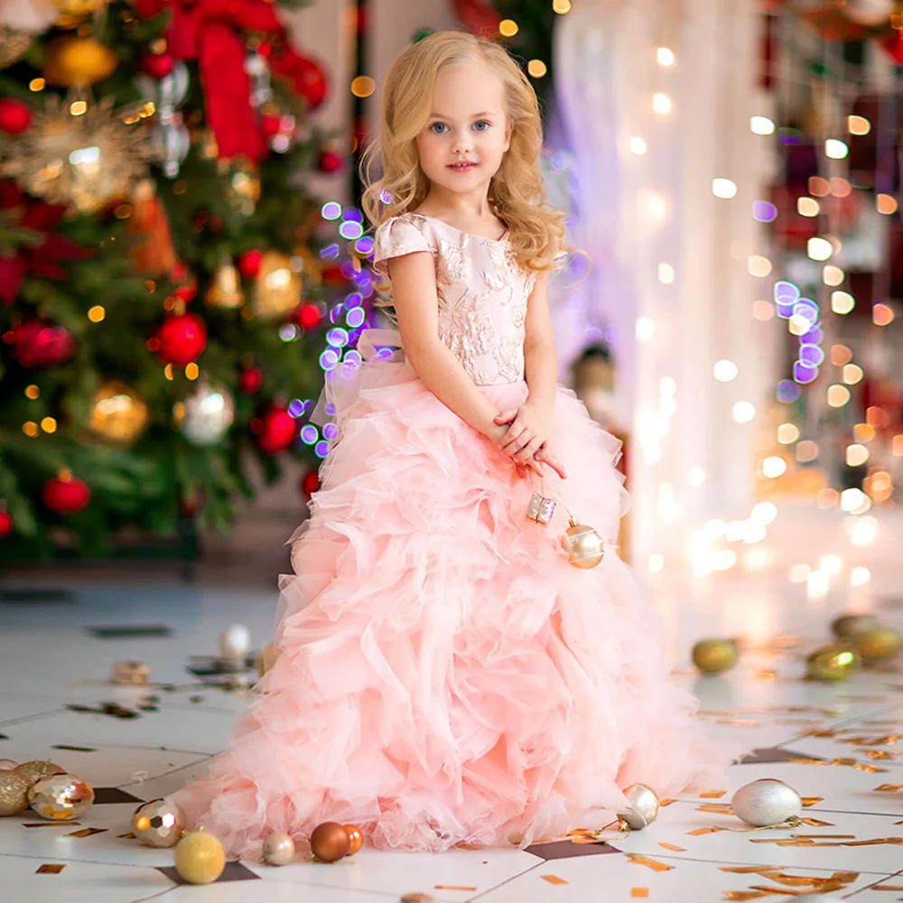 Vestido rosa de flores para niña, delicado encaje con volantes de tul, vestidos de fiesta de cumpleaños de princesa para desfile, vestido de Graduación