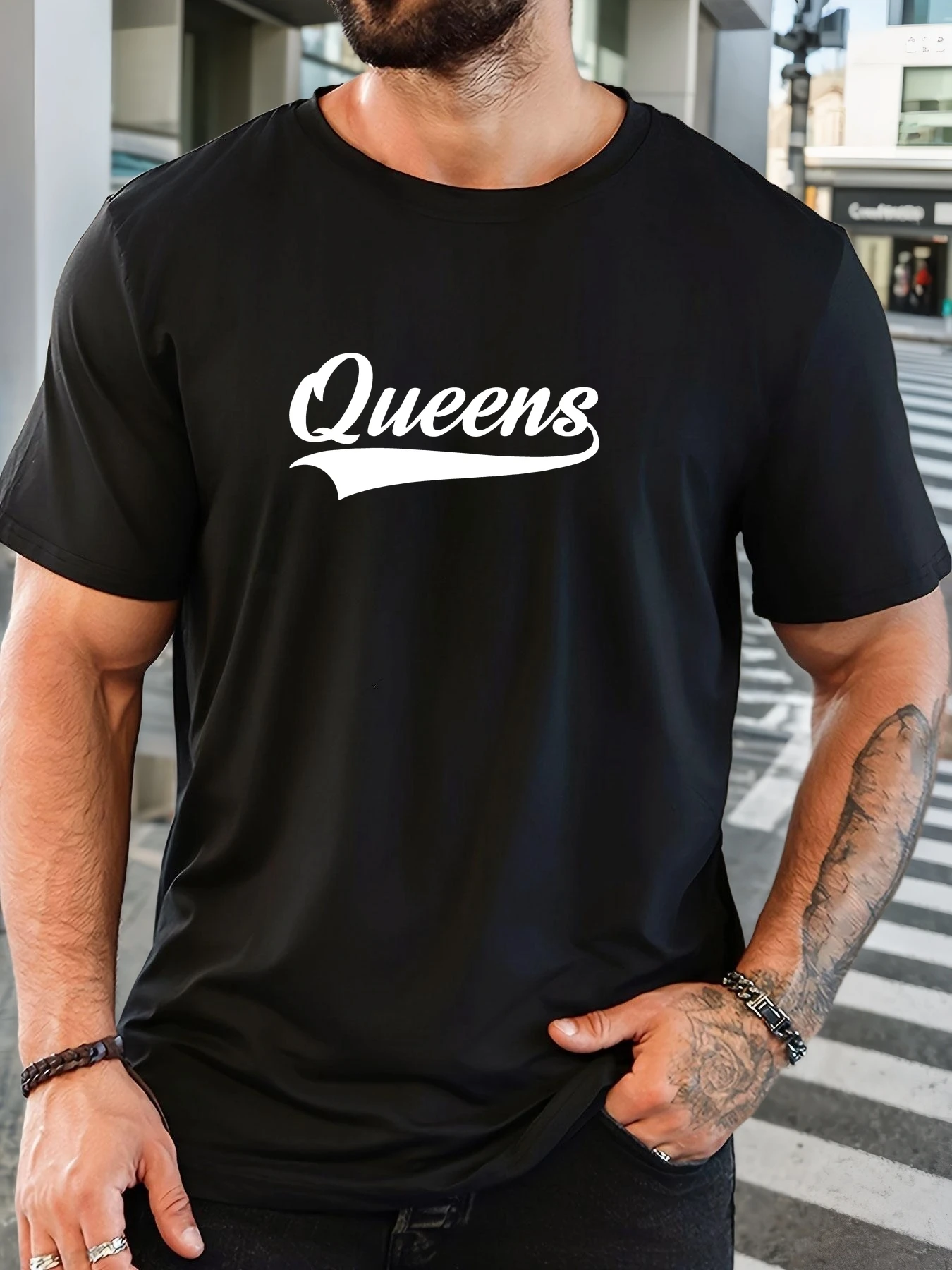 

Men's Queens pattern summer casual crew neck short T-shirt