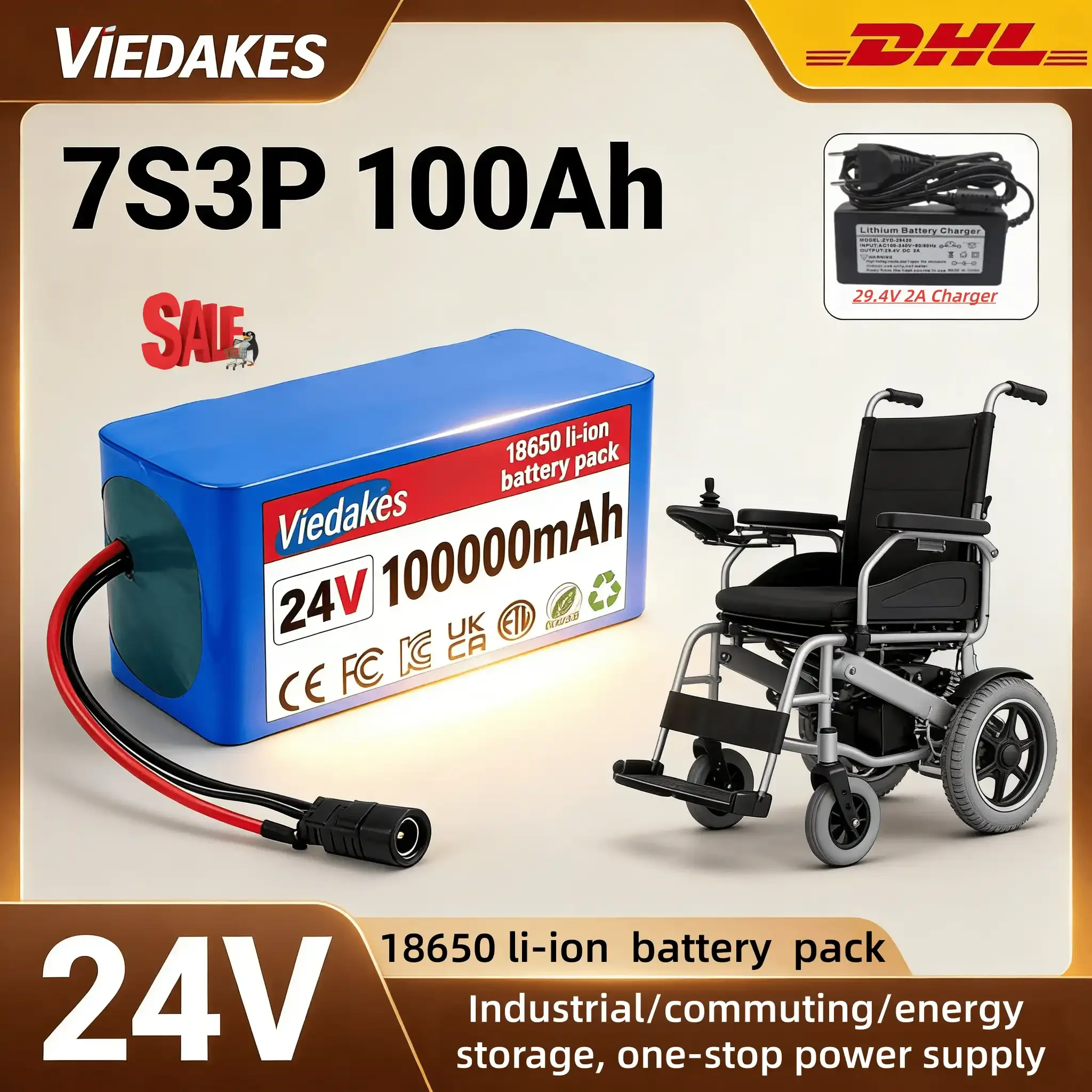  VEDAKES 24V 7S3P 10Ah Battery with Free Charger for Wheelchair and Small Electric Devices