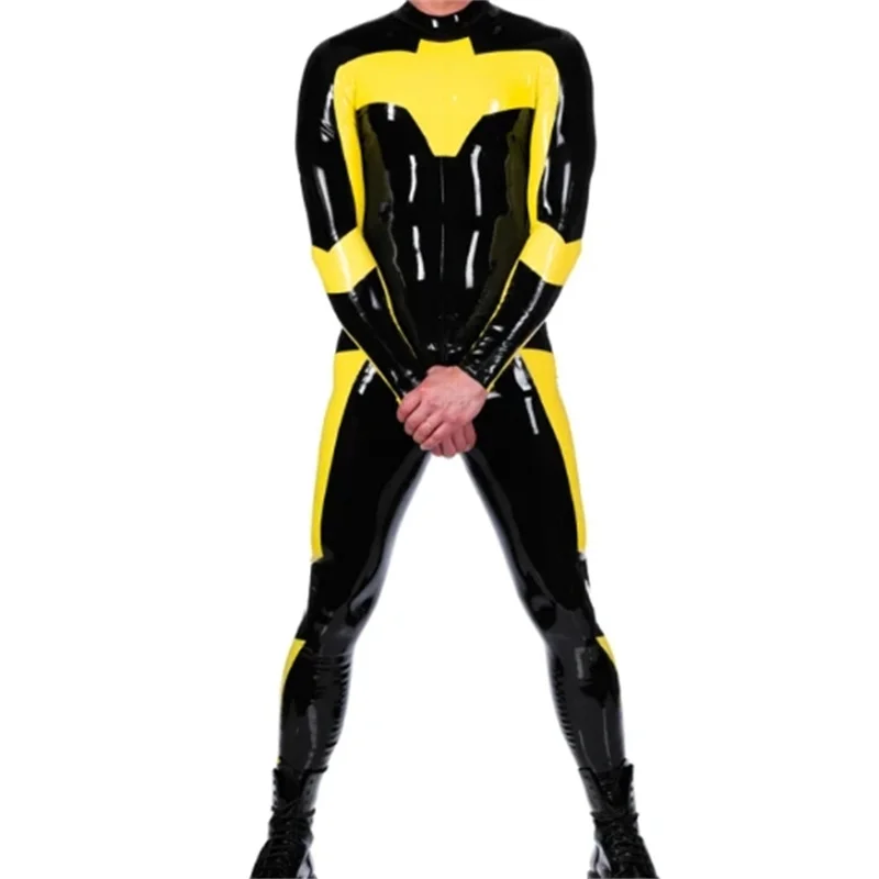 

Latex Catsuit Black and Yellow with Back Zipper Rubber Jumpsuit Bodysuit for Men