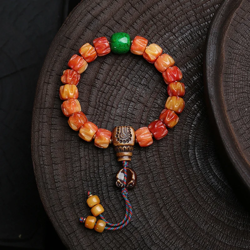 

Tibetan-style recycled bone half-blood carved bead bracelet, single-strand antique bone dragon-head clasp accessory Buddhist pra