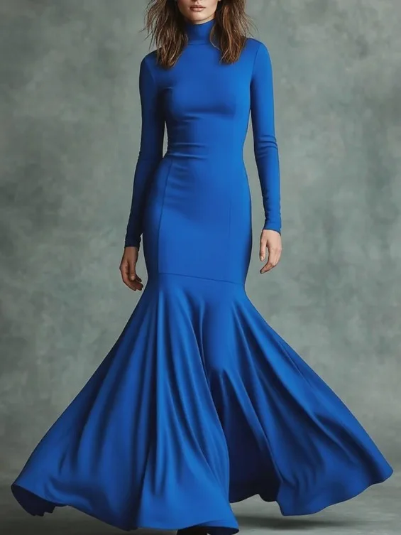 European And American Style Women's Long Dress Fashion Turtleneck Fishtail Dress Elegant Hight Waist Pleated Slim Party Dress