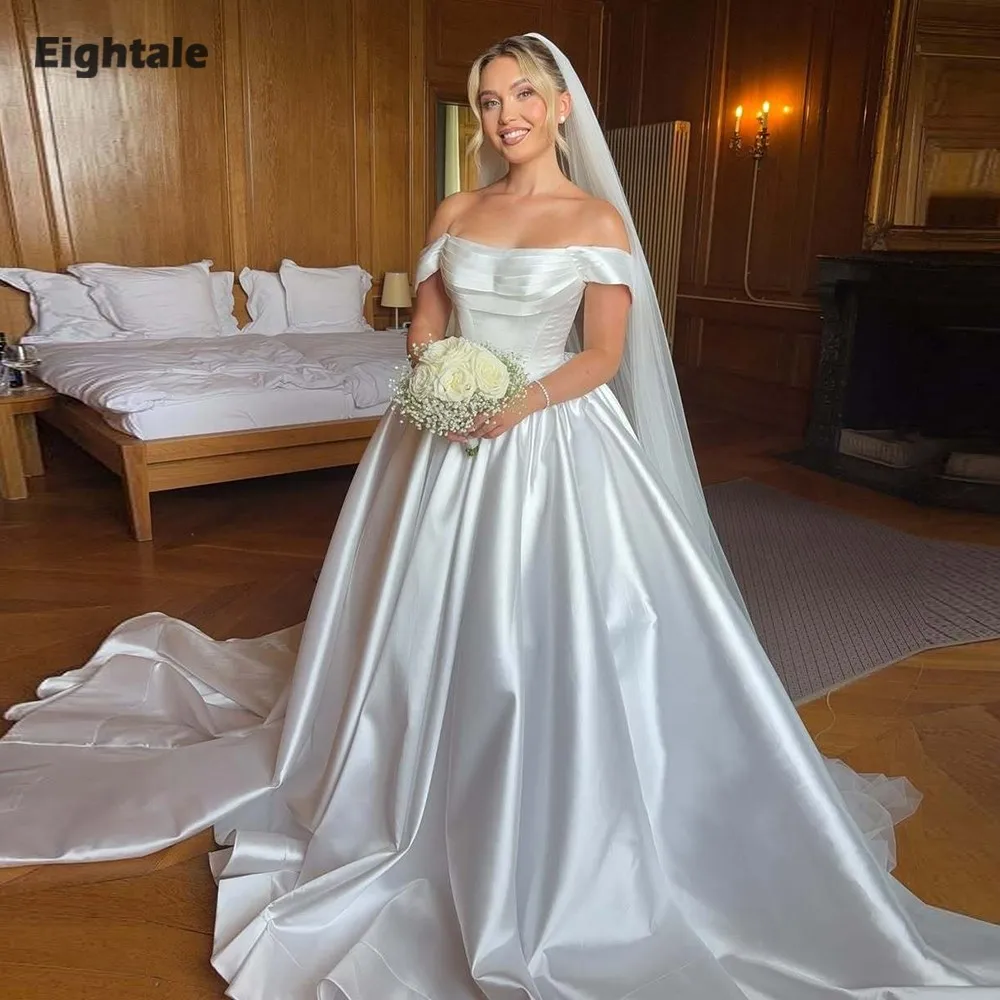 Eightale アラビアウェディングドレス プリーツ スクープオフショルダー カスタマイズされたホワイト アイボリー イスラム教徒のブライダルドレス Aライン 花嫁パーティードレス