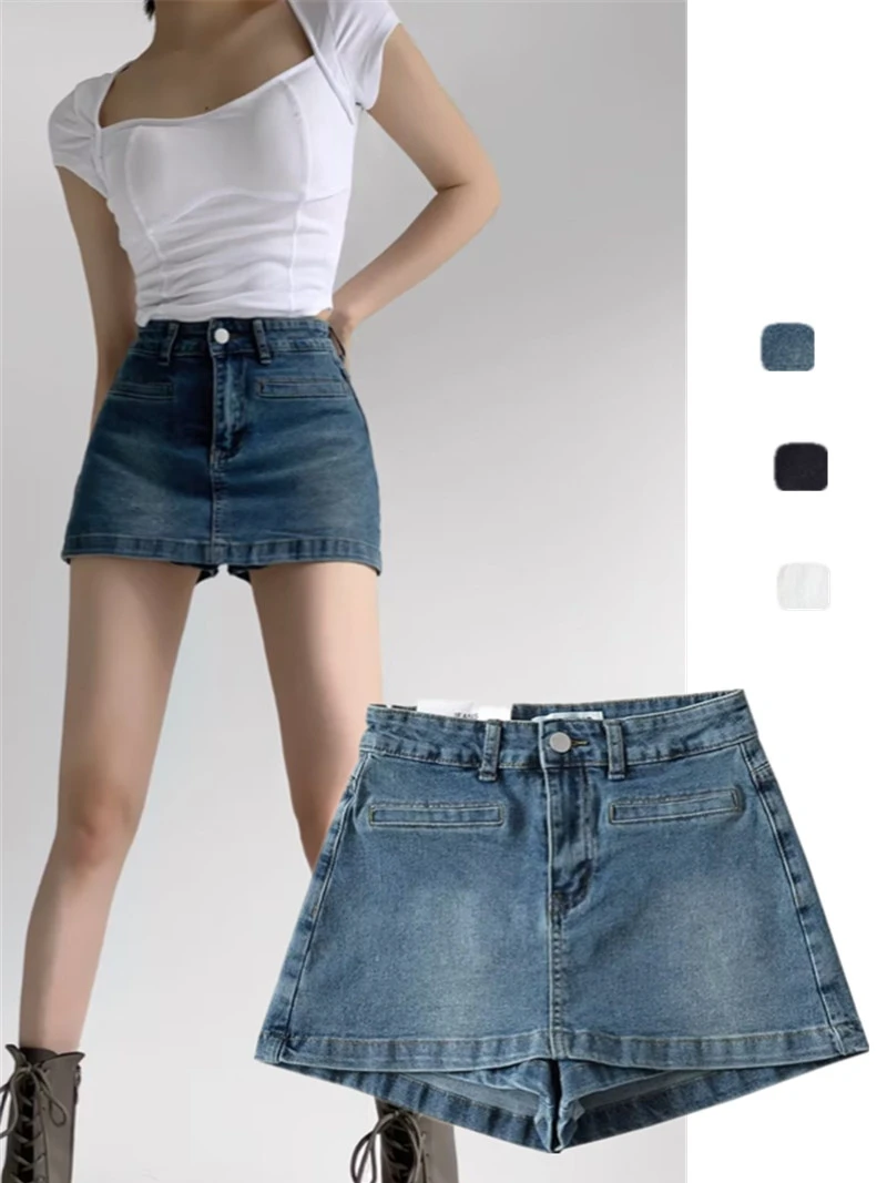 

American Retro High Waist Denim Skirt with Front ket Elastic A-Line Sexy Body Covering Trendy f Skirt for Women