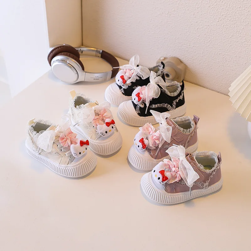 

Детская повседневная обувь, кроссовки с рисунком «Hello Kitty» из искусственной кожи с бантом для девочек, Нескользящая дышащая черная розовая обувь, размер 23-30