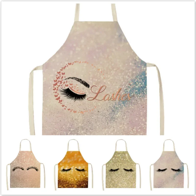 1 Pcs Eyelash Printed Cleaning Art Aprons Sleeveless Home Cooking Kitchen Apron Cook Wear Cotton Linen Adult Bibs 2 Size Mandil