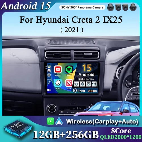 Para Hyundai Creta 2 IX25 2021 2K 12 + 256 QLED Android 15 CarPlay Radio de coche reproductor de vídeo Multimedia GPS unidad principal estéreo 4G WIFI