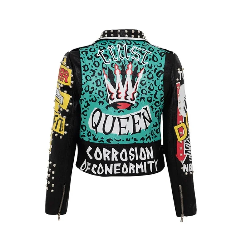 Contrast Leopard Graffiti Print Motorcycle Leather Jacket Women 2024 New Streetwear Rock Punk Style Studded Cropped Jacket XXXL