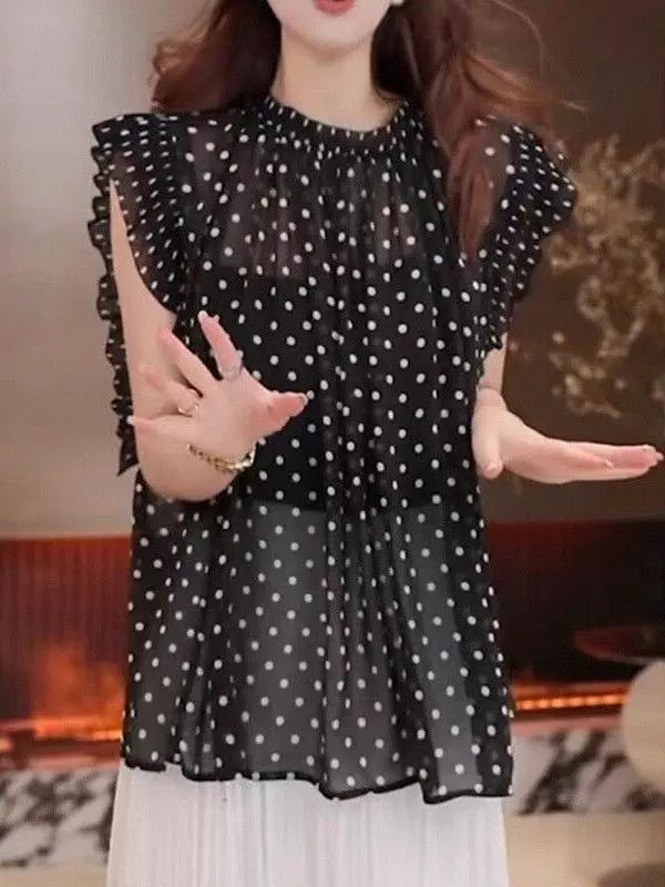 Adelgazante Polka Dot Wood ain Svel irt Mujer Verano Faionable Diseño versátil Top Coreano Sle Loose Fit