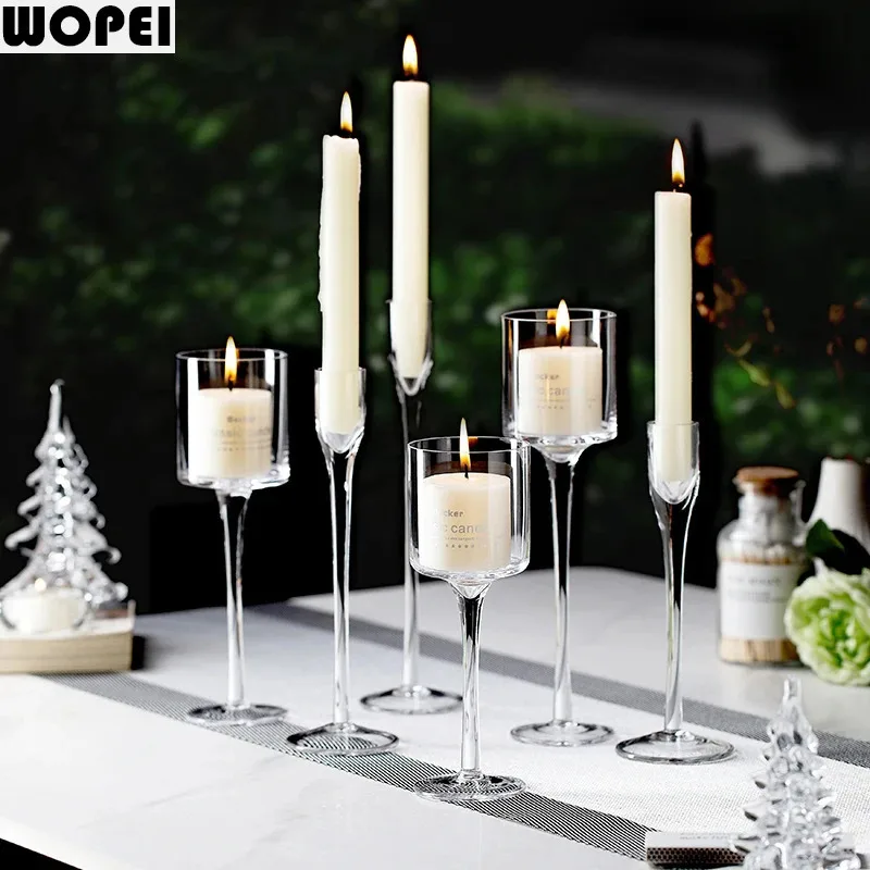 High Footed Glass Candle Holder Transparent Candle Cup Candles Container Desktop Candlestick Decor Candlelight Dinner Decoration