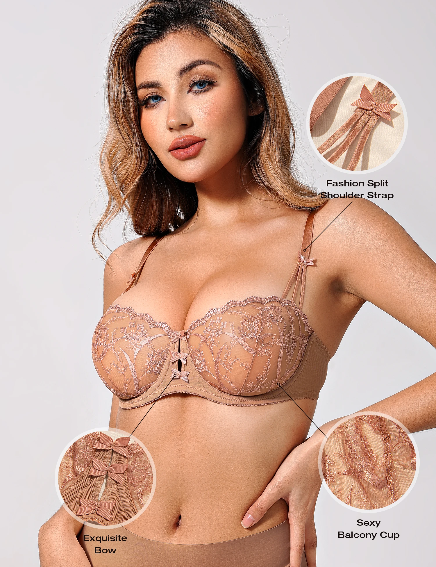Wingslove Sexy Lace Sheer Bra For Women Push Up Underwire Unpadded Balconette Floral Embroidery Underwear Ultra-thin Brassiere