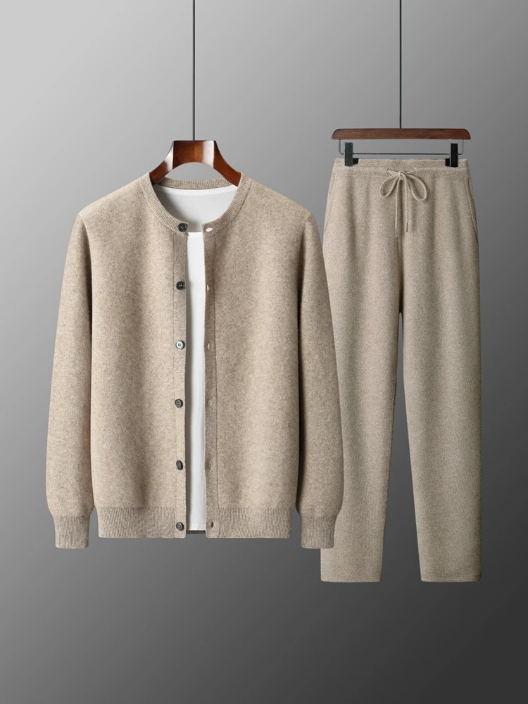 100% Merino Wool Thickened Two-piece Suit for Men Autumn Winter Knitting Cardigan Jacket and Straight-leg Pants Warm Clothing