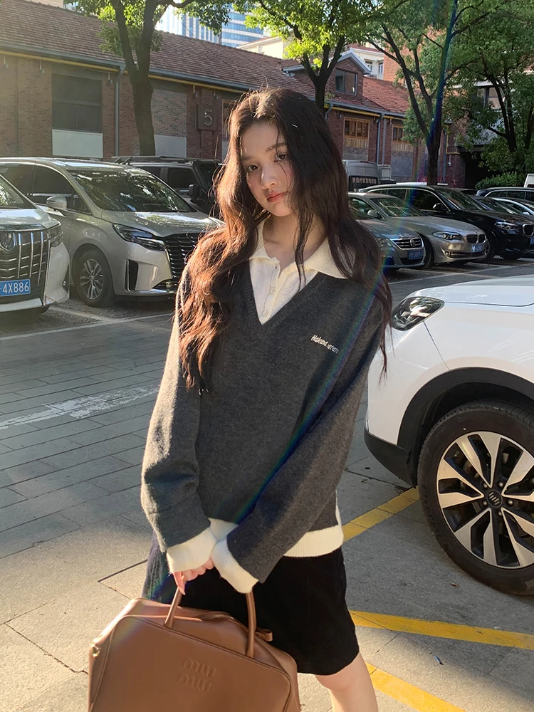 

Корейский свитер с воротником-стойкой и лоскутным узором для женщин, осенне-зимняя новинка, модный смешанный бренд, теплый, длинный рукав...