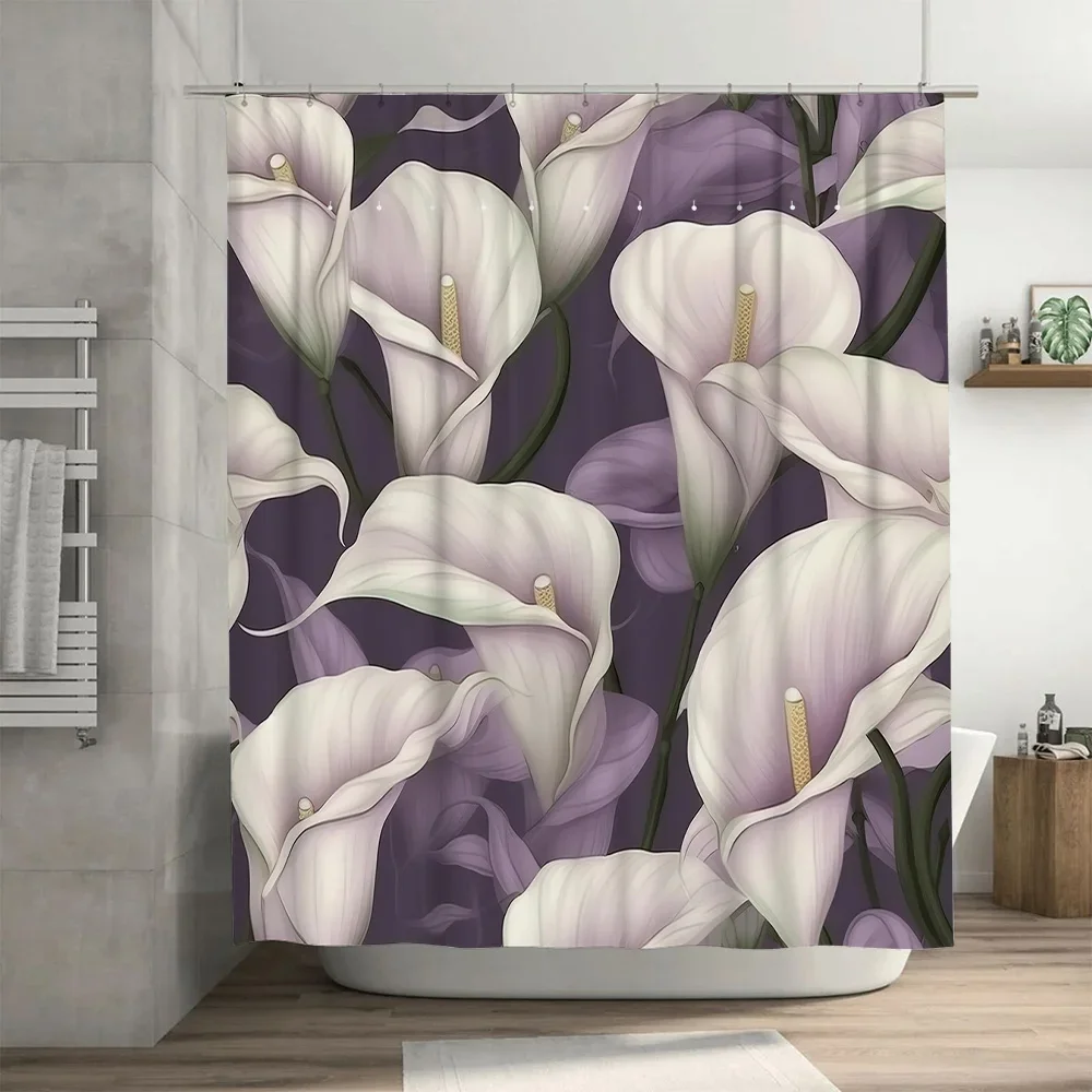 

Красивая занавеска для душа с изображением лилии, водонепроницаемая ткань, декор для ванной комнаты, 3D-печать, белый, фиолетовый цветок, украшение для дома, большой размер