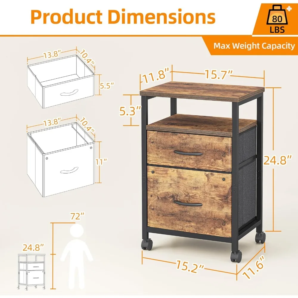 2-Drawer Rolling File Cabinet with Open Shelf, Mobile Printer Stand for Home Office Storage, Brown