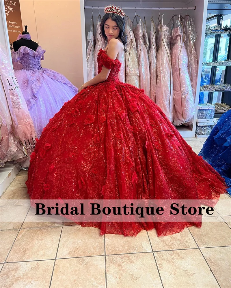 Prinses Rood Jurken 2022 Off Shoulder Sparkly Pailletten Applicaties Party Sweet 16 Jurken Lace-Up Custom