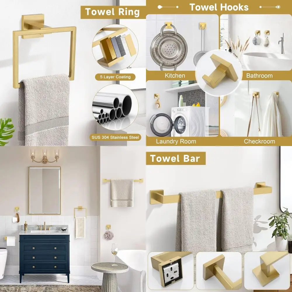 

23.6 Brushed Gold Wall-Mounted 10-Piece Bathroom Accessory Set: SUS304 Stainless Steel Towel Bar, Holder & Racks