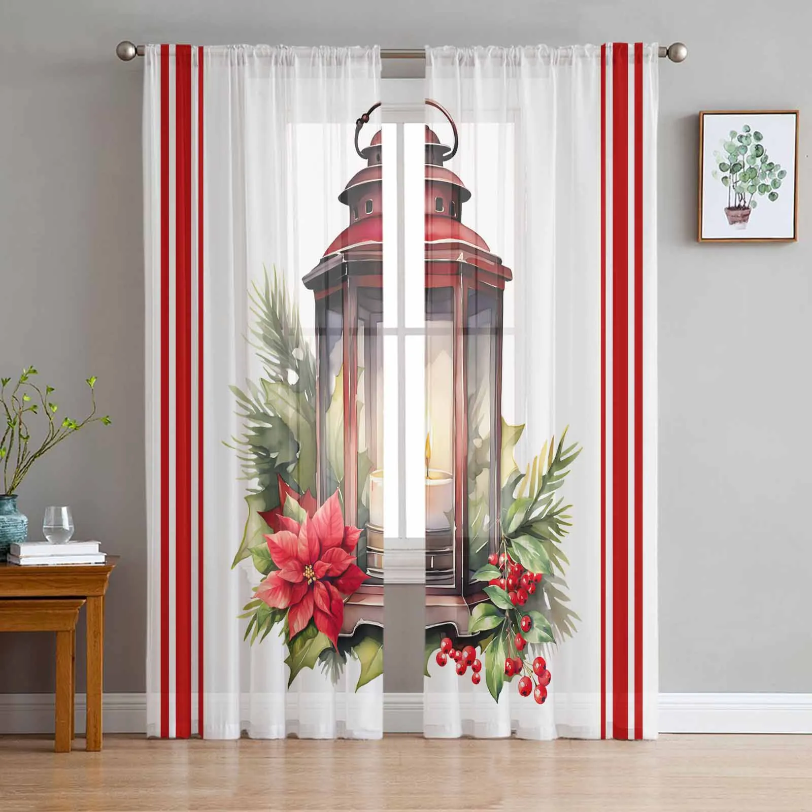 

Christmas Candle Holly Chiffon Sheer Curtains for Living Room Bedroom Decor Kitchen Window Voiles Tulle Curtain