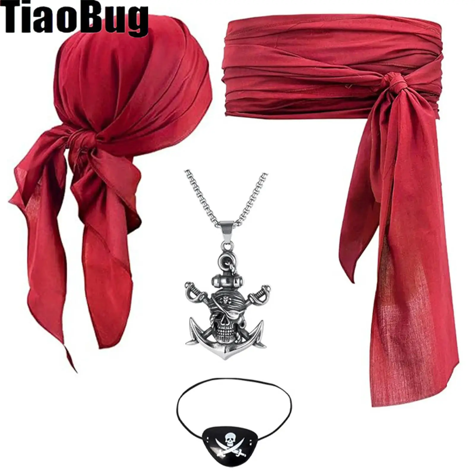 Women Pirate Cosplay Set Headscarf Wrap Hat Eye Mask Cosplay Costume Accessories Outfit Some with Sash Belt Necklace