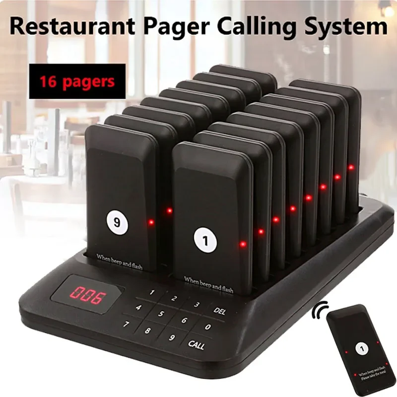 

Wireless Restaurant Pager Calling System 16 Coasters Buzzer Ring Bell Receiver For Bar Food Truck Bar Coffee Fast Food Shop