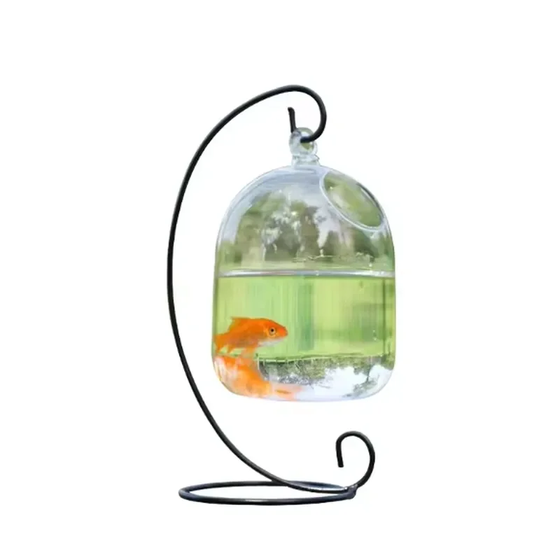 Creative handmade wrought iron hanging hydroponic glass fish tank with iron frame micro landscape decoration home accessories