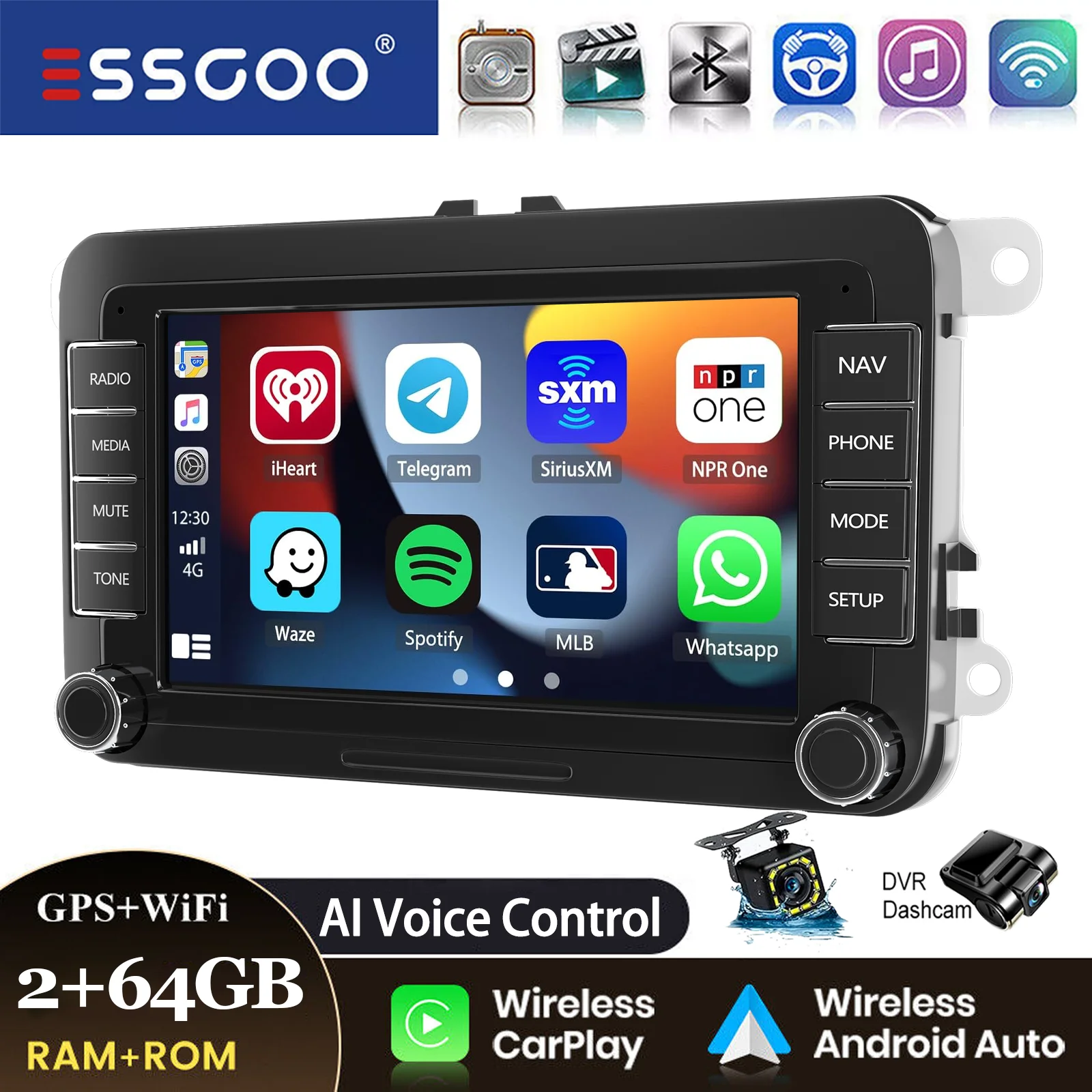 ESSGOO Android 14 Autoradio 7" 4+64GB Wireless CarPlay GPS Navigation WIFI RDS FM Bluetooth für VW Golf 5 6 Passat Polo 6R Touran Tiguan Caddy EOS Jetta Seat Skoda Touchscreen Mirror Link USB