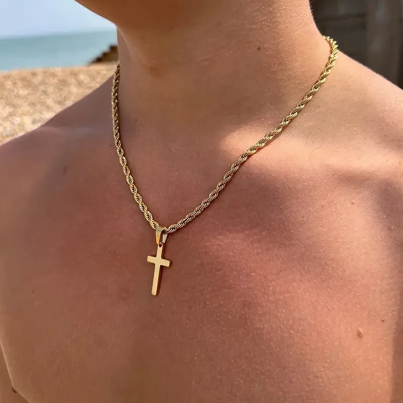 Kreuz Anhänger Halskette Edelstahl für Männer Frauen Minimalistischen Gold Farbe Schmuck Männlich Weiblich Halsketten Colliers Geschenke Neue 2024