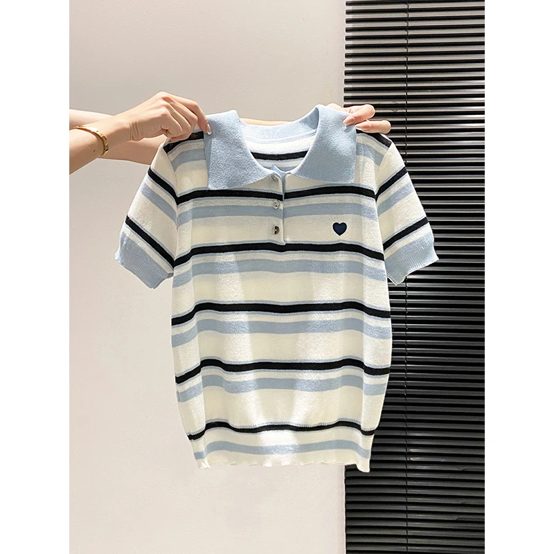 Striped Knitted Shirt for Women, New Summer Style, Color-blocking  Patchwork, With Heart Embroidery, Slim-Fitting Short-sleeved
