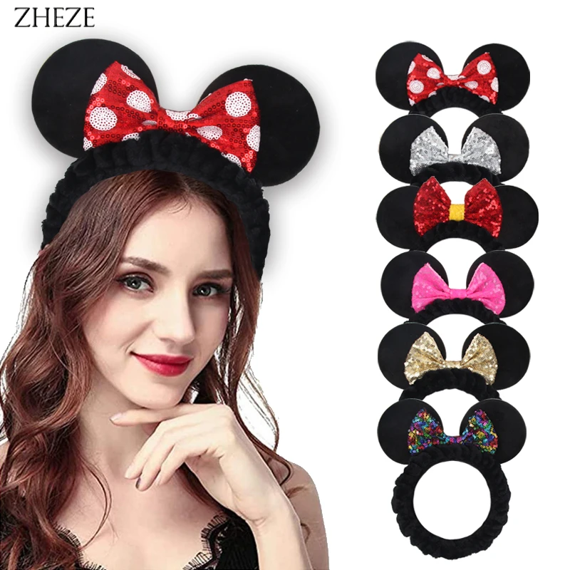 10Pcs/Lot Hot Sales Mouse Ears Bath Hair Holder Soft Coral Fleece Sequins Bow Hairband Girls Makeup Hair Accessories For Women