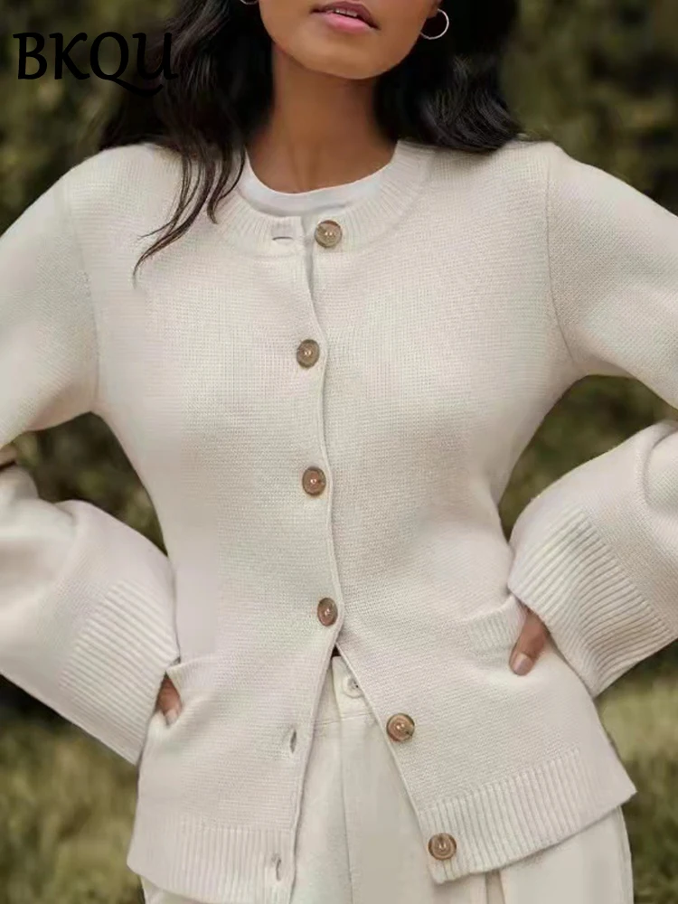 BKQU Knitted Long Sleeve Cardigans Sweater Women Coats 2024 Autumn Solid Color Single Breasted Pockets Sweaters All Match Tops