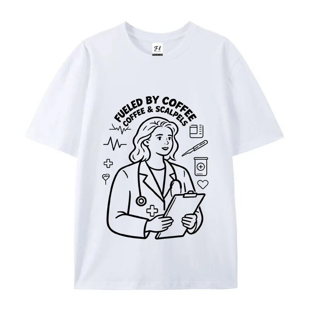 Funny Nurse Graphic T Shirt Fueled by Coffee and Scales Medical Healthcare Print Unisex Short Sleeve Casual Tee