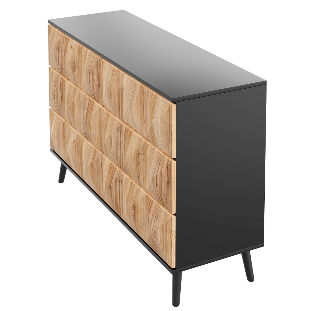 Das Sideboard und die Kommode von PINGGO zeichnen sich durch eine Kombination aus Schwarz- und Naturholztönen sowie durch erhabene Türen aus. – Detail 13