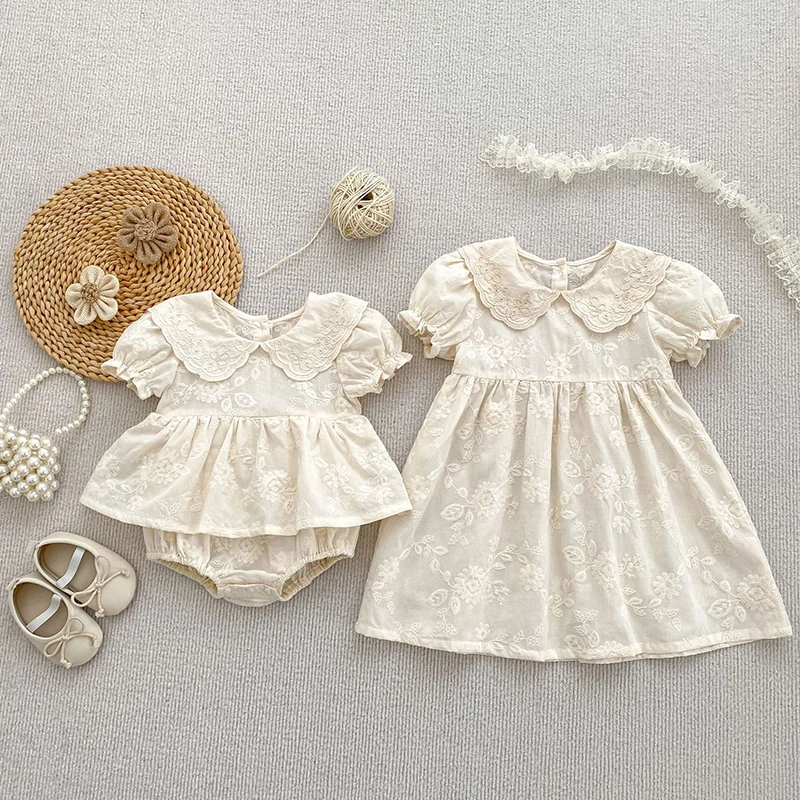 Sommer Schwestern Outfits Mädchen Infant Puff Sleeve Strampler Neugeborenen Baby Sticken Cotton1-6Yrs Mode Prinzessin Kleid Kinder Kleidung