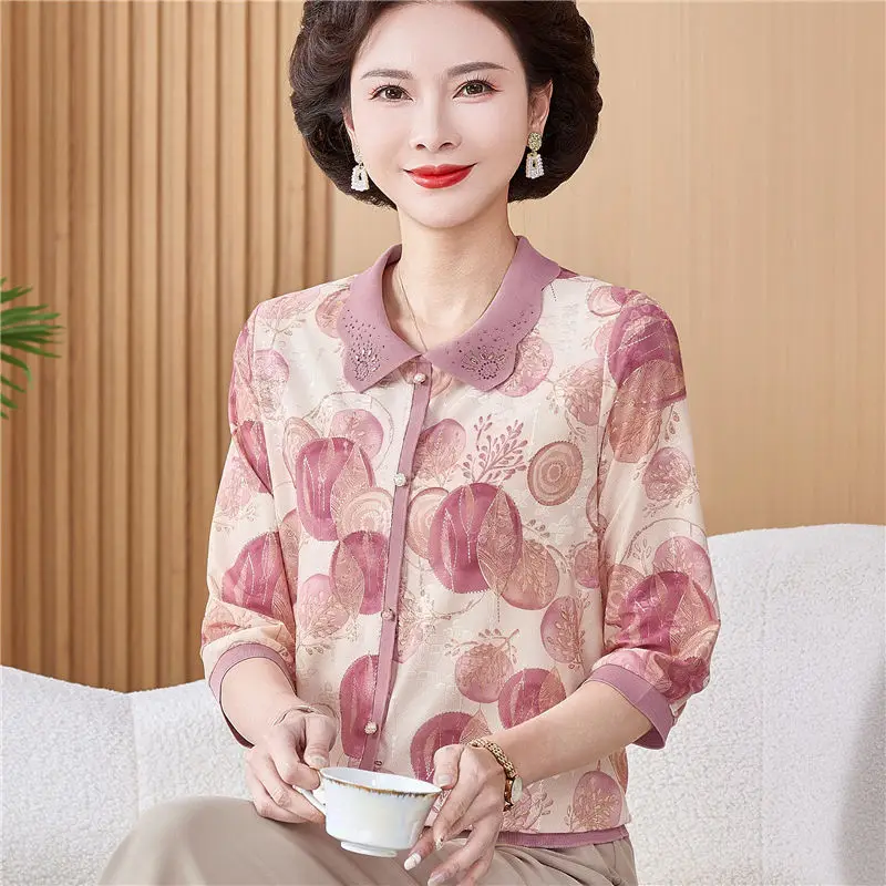 

Seven-quarter Sleeve Base Fashionable Middle-aged and Elderly Lapel Women's Shirt Top