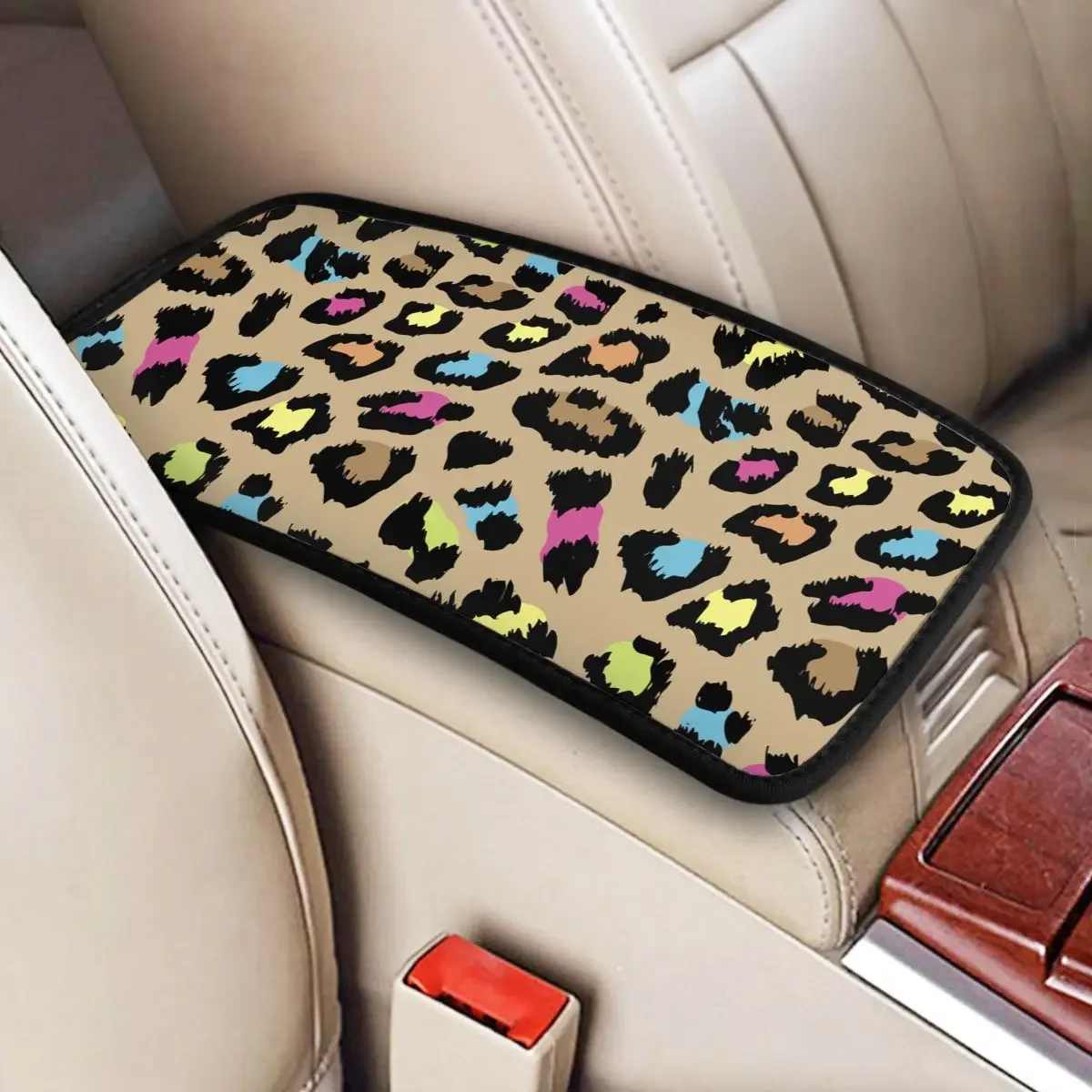 Car Arm Rest Cover Mat Leather Colorful Snow Leopard Center Console Cover Pad Animal Fur Car Interior Accessories Breathable