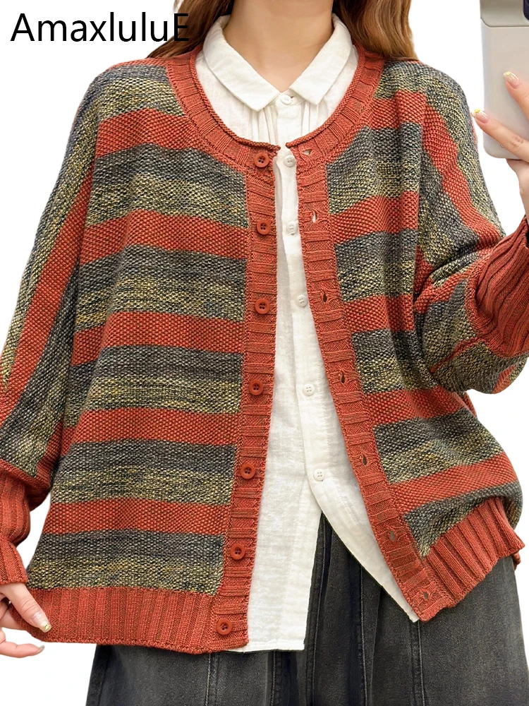 

Amax LuluE 2025 Winter Korean Fashion Cardigans Women Casual Loose Striped Sweaters Ladies Classic Big Size Warm O Neck Knitwear